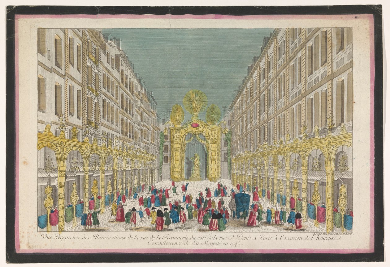 Gezicht op de decoratie van de Rue de la Feronnerie te Parijs ter gelegenheid van het herstel van Lodewijk XV, koning van Frankrijk, in 1745 door Jean François Daumont