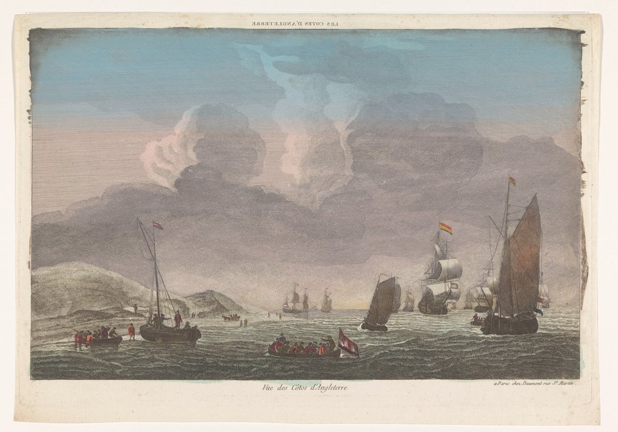 Gezicht op de kust van Engeland met schepen en boten op het water door Jean François Daumont
