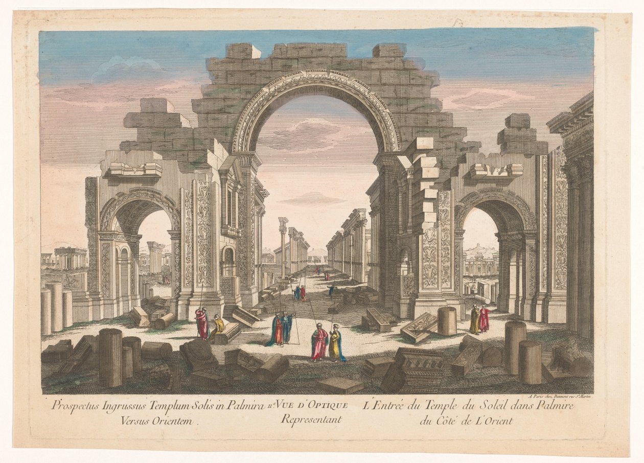 Gezicht op de ruïne van de boog van de zuilengalerij te Palmyra, gezien vanaf de oostzijde door Jean François Daumont