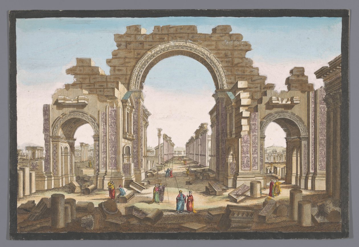Gezicht op de ruïne van de boog van de zuilengalerij te Palmyra, gezien vanaf de oostzijde door Jean François Daumont