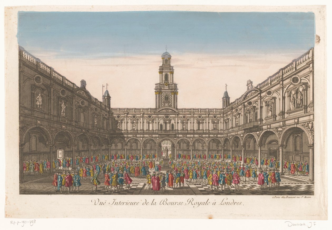 Gezicht op het interieur van de Royal Exchange te Londen door Jean François Daumont