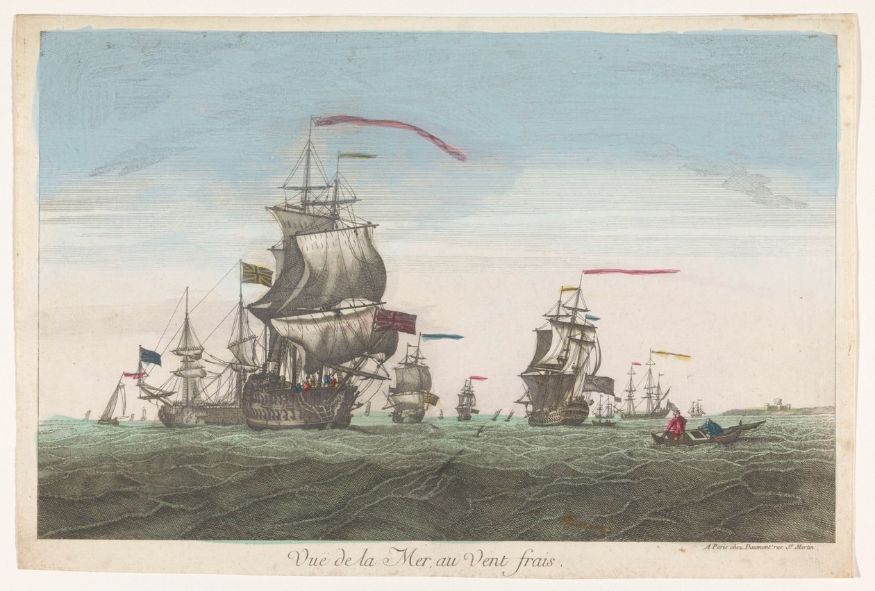 Zeegezicht met schepen en boten in de wind door Jean François Daumont