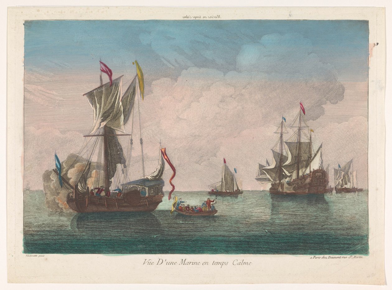 Zeegezicht met schepen en boten op een kalme zee door Jean François Daumont