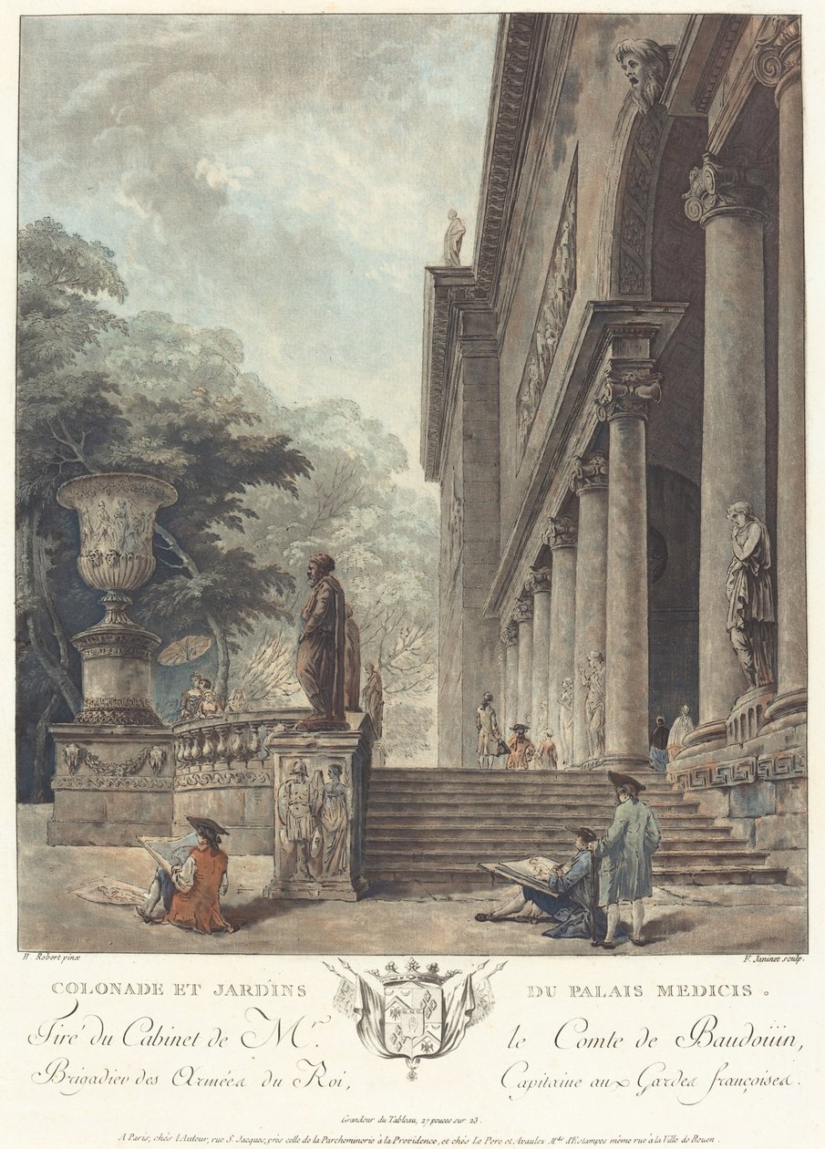 Colonnade en tuinen van het Medici-paleis (Colonade et Jardins du Palais Medicis) door Jean François Janinet after Hubert Robert