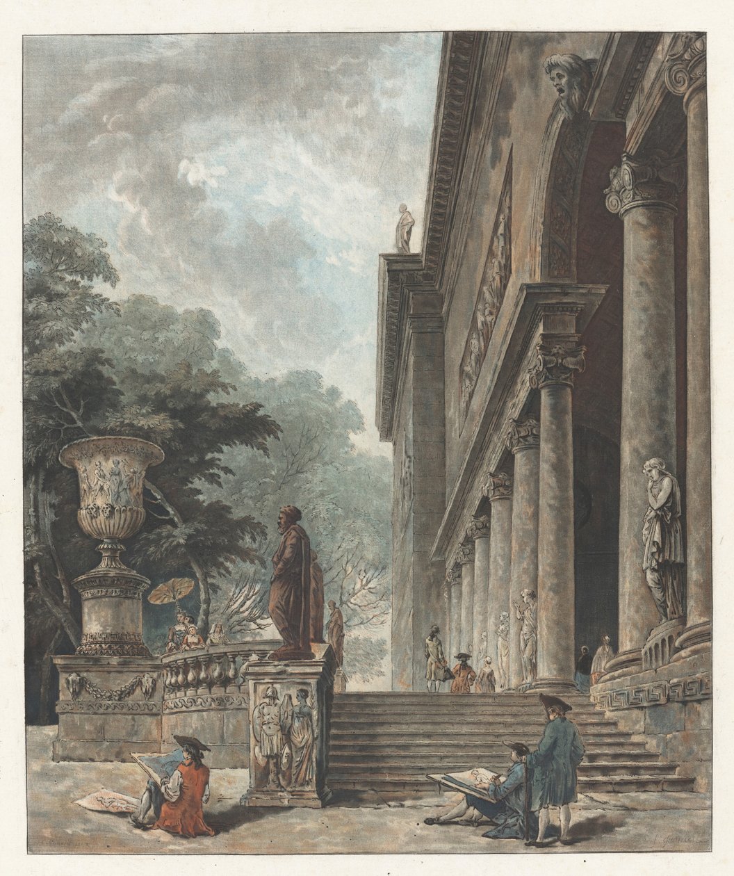 Colonnade en Tuinen van het Palazzo Medici door Jean François Janinet after Hubert Robert