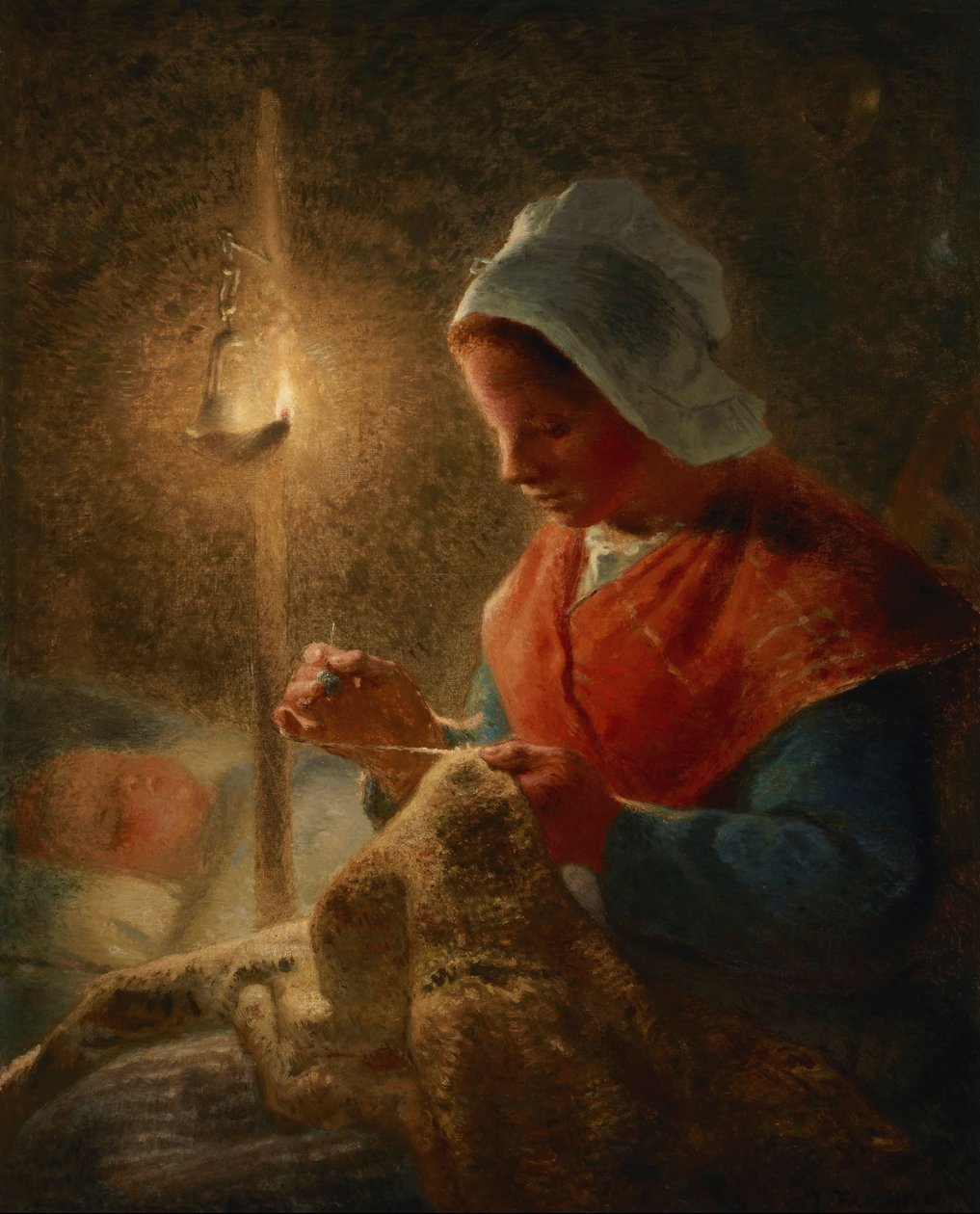Frans: Femme coud à la lumière de la lampe Vrouw naait bij lamplicht door Jean-Francois Millet