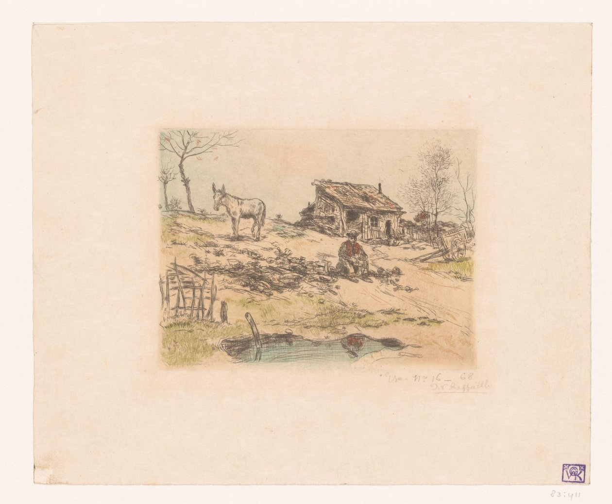 Landschap met man en ezel bij hut door Jean François Raffaëlli (signed by artist)