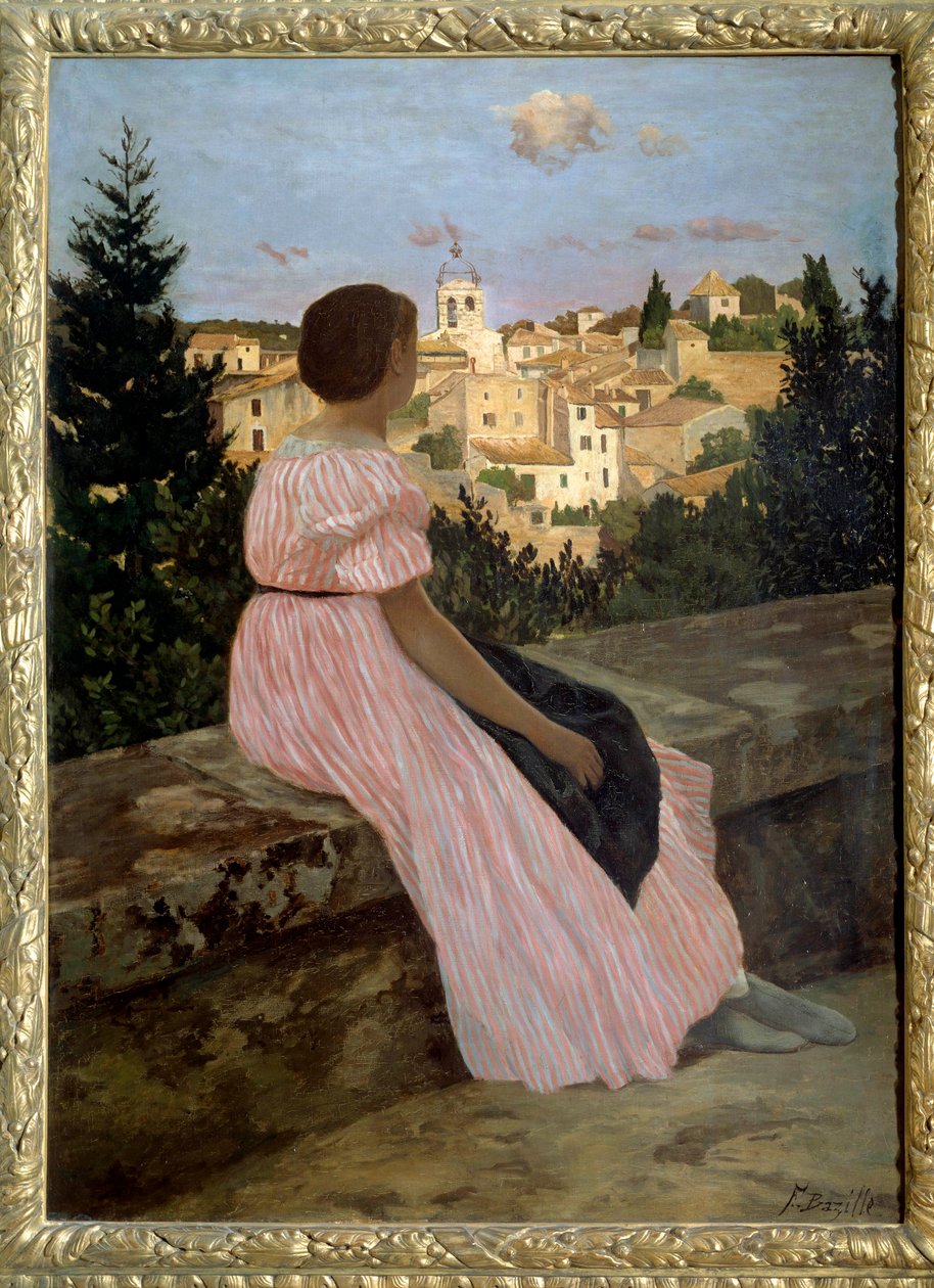 Roze jurk of Uitzicht op Castelnau le Lez. Portret van het nichtje van de kunstenaar, Therese des Hours door Jean Frederic Bazille