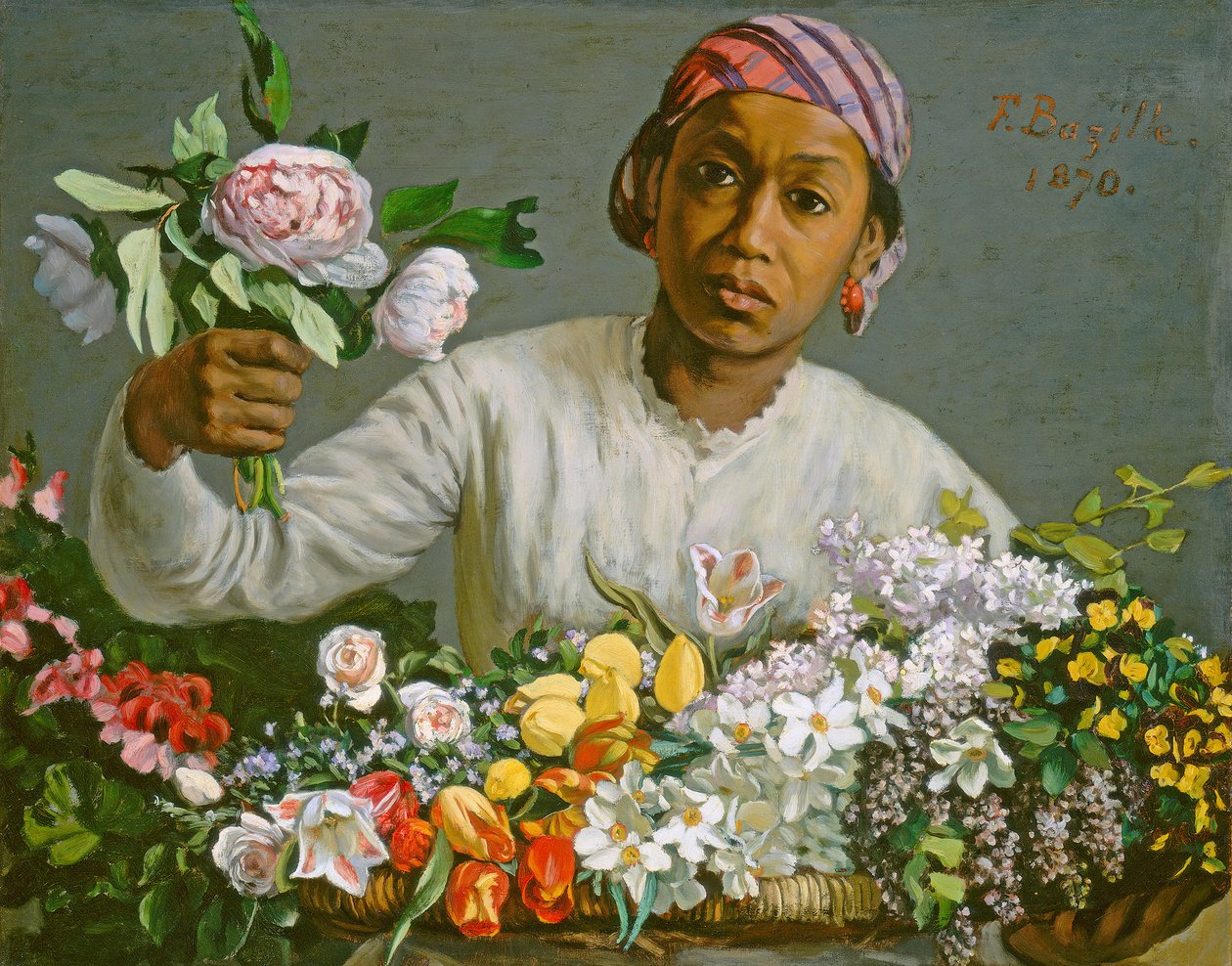 Jonge vrouw met pioenen, 1870 door Jean Frederic Bazille