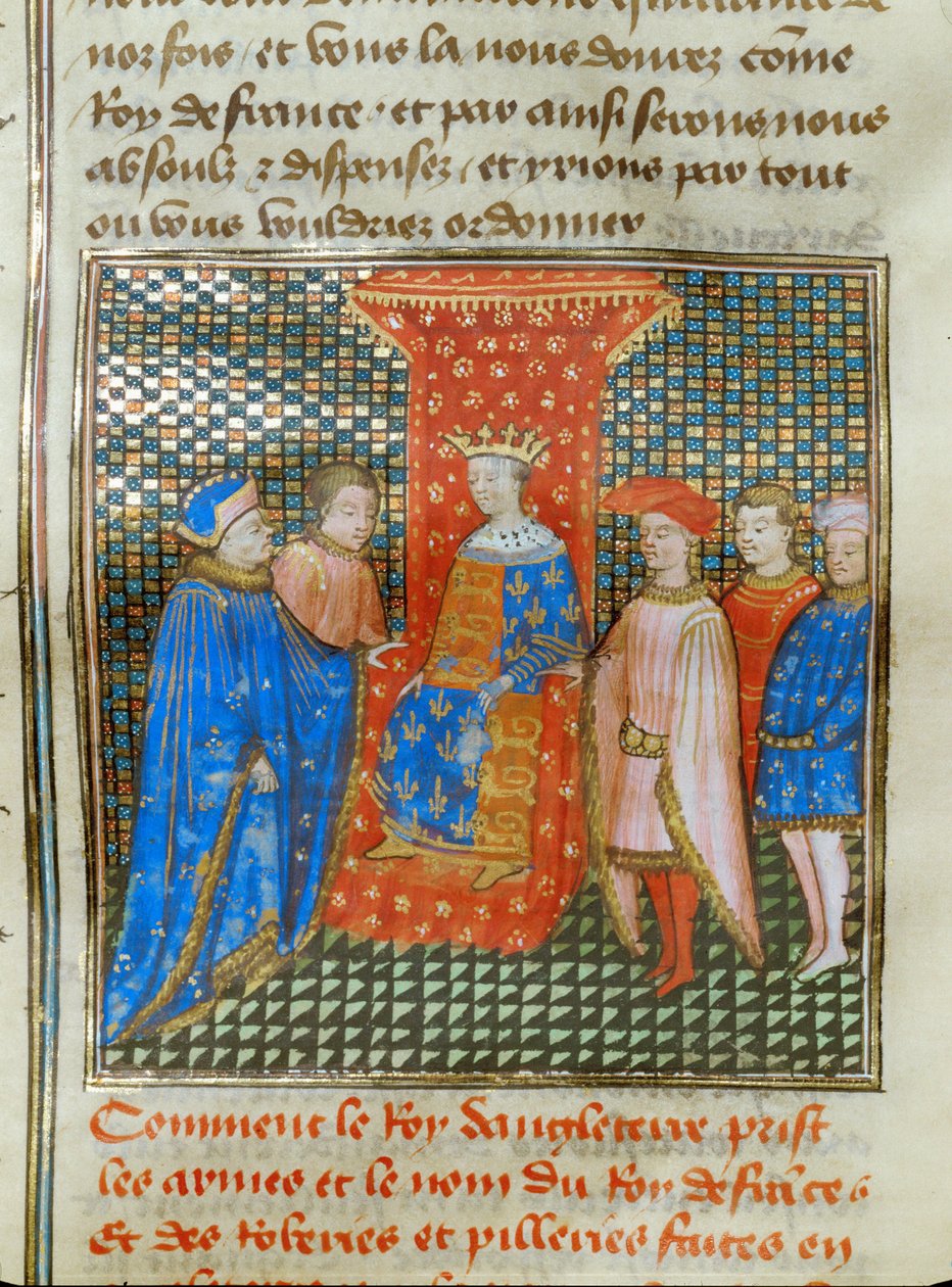 De Engelse koning Edward III op zijn troon, gekleed in een tuniek met Engelse en Franse emblemen, luistert naar een toespraak van Robert van Artois ... door Jean Froissart