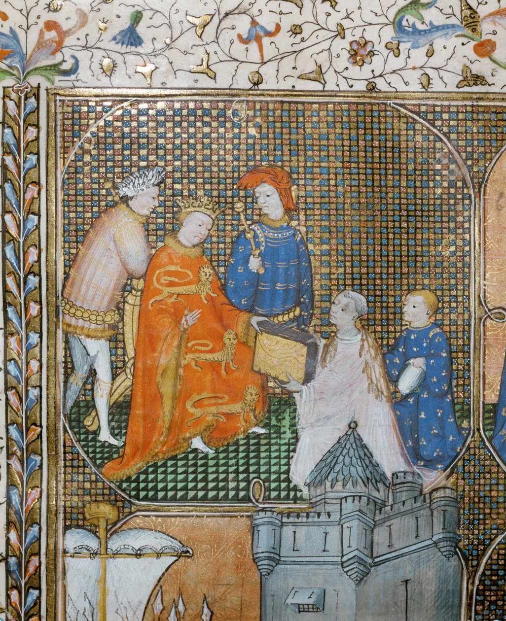 Historicus Froissart presenteert op zijn knieën, gekleed in kerkelijk gewaad, zijn Kronieken van de Honderdjarige Oorlog aan Edward III ... door Jean Froissart