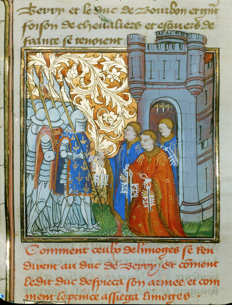 Drie magistraten van Limoges, in ceremoniële gewaden, overhandigen de sleutels van de stad aan de hertog van Berry ... door Jean Froissart