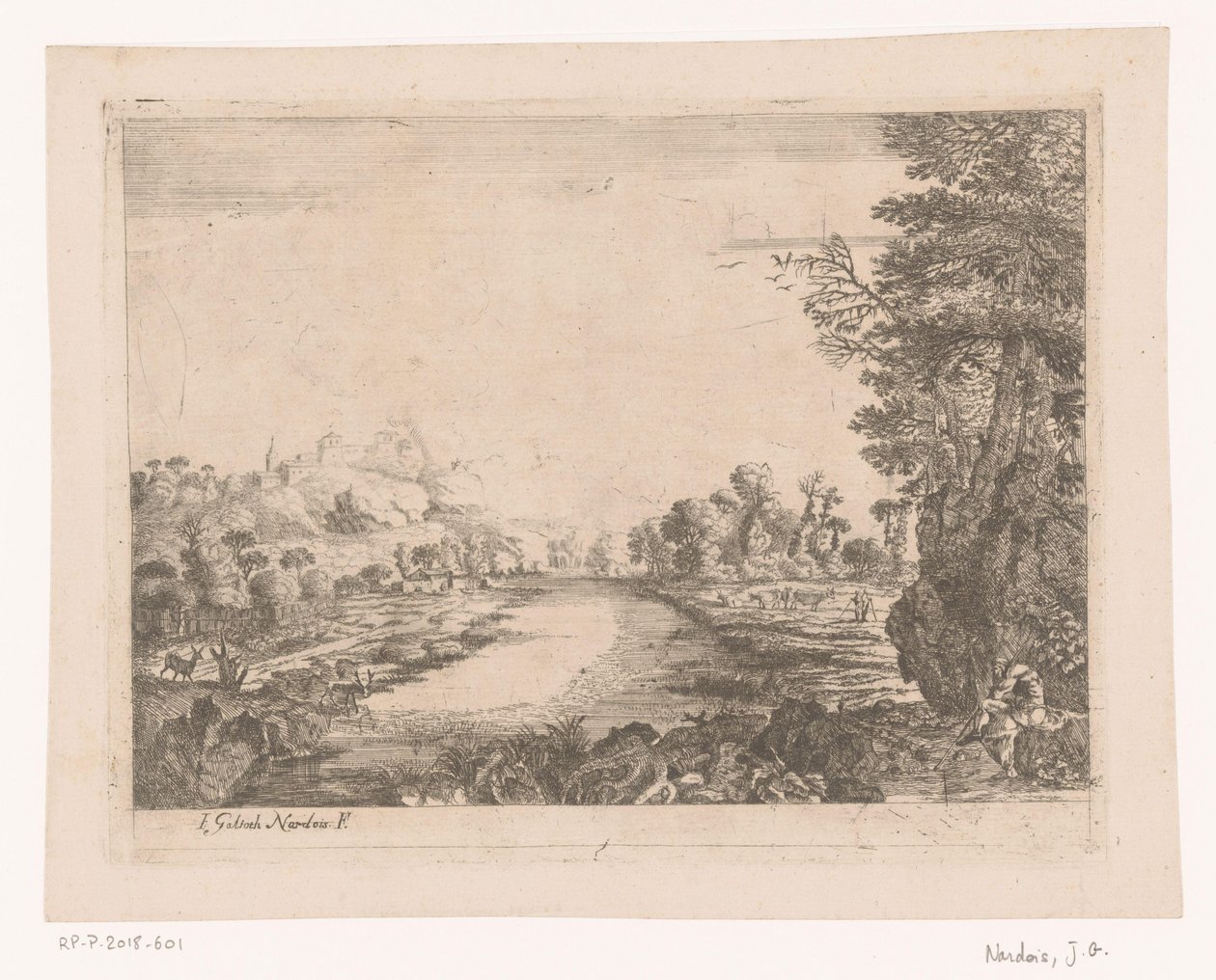 Landschap met uitzicht op een rivier door Jean Galiot Nardois