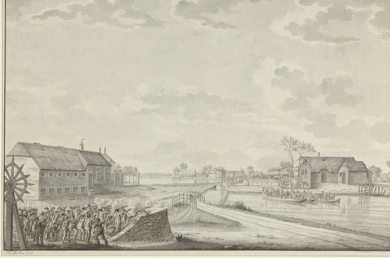 Aanval van de Pruisen onder Kolonel Van Borstel op de Duivendrechtse brug, 1 oktober 1787 door Jean George Teissier (signed by artist)