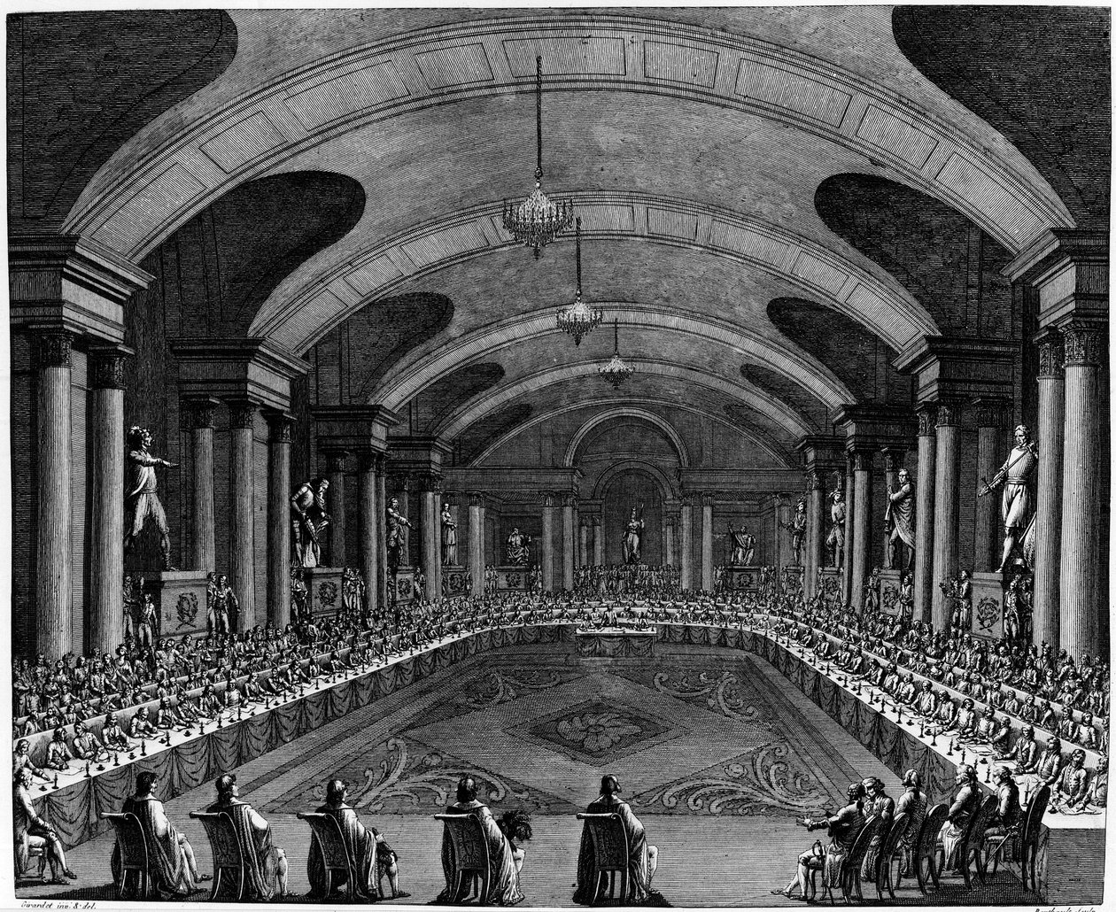 Franse Revolutie: Inaugurele zitting van het Instituut in 1795 door Jean Girardet