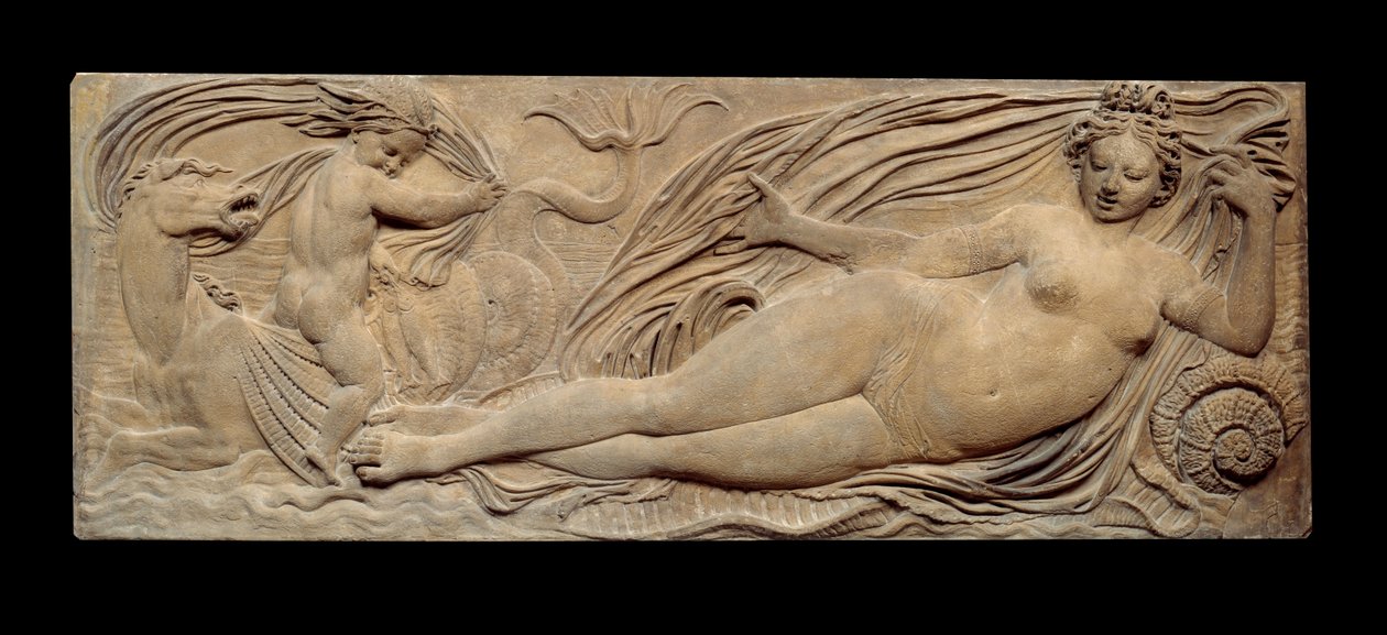 Nimf en kleine genie rijden op een zeehengst; Nimf en Triton omringd door twee kleine genieën. Laag reliëf. Steenbeeldhouwwerk door Jean Goujon (1510-1567) door Jean Goujon
