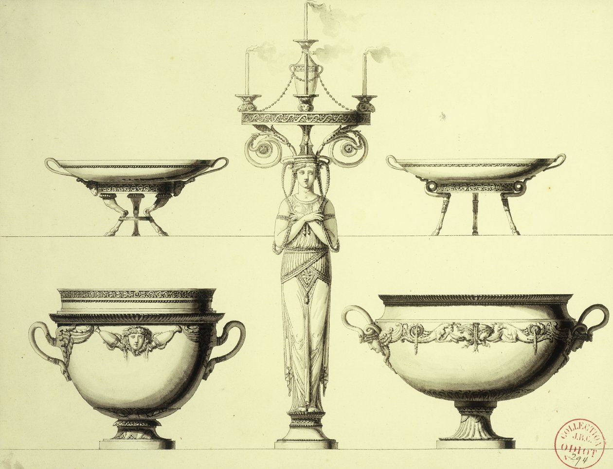 Ontwerp voor een kandelaar in de vorm van een vrouw, twee zilveren bekers en twee zilveren schalen door Jean Guillaume Moitte