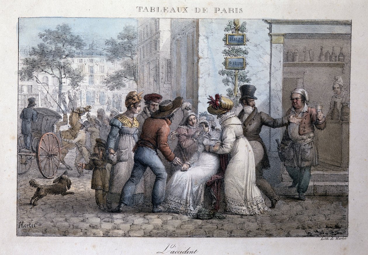 Oude straatscène in Parijs: het ongeluk (vrouw ondersteund door voorbijgangers). Gravure door Jean Henry Marlet (1771-1847) in 
