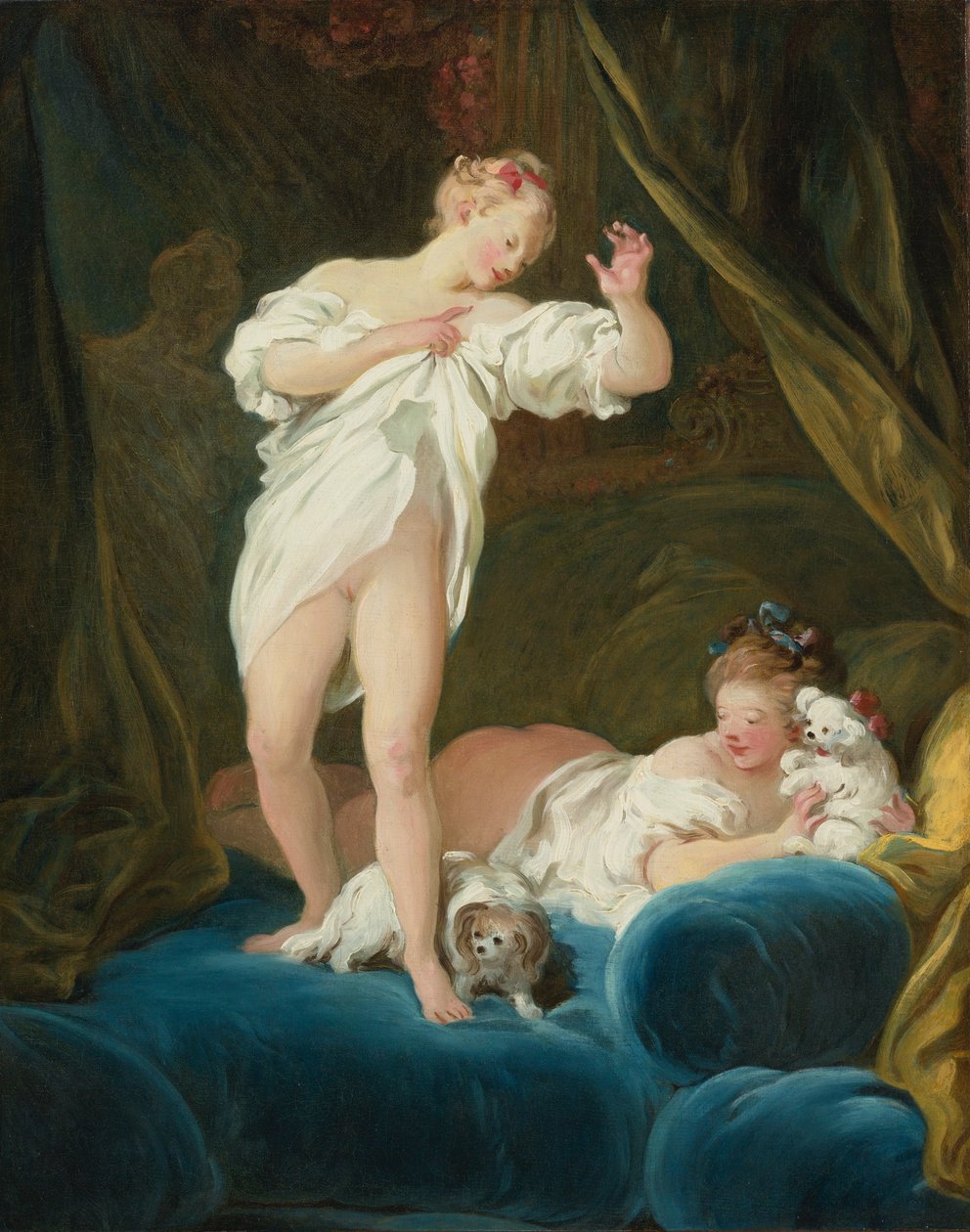Twee meisjes op een bed spelen met hun honden door Jean Honore Fragonard