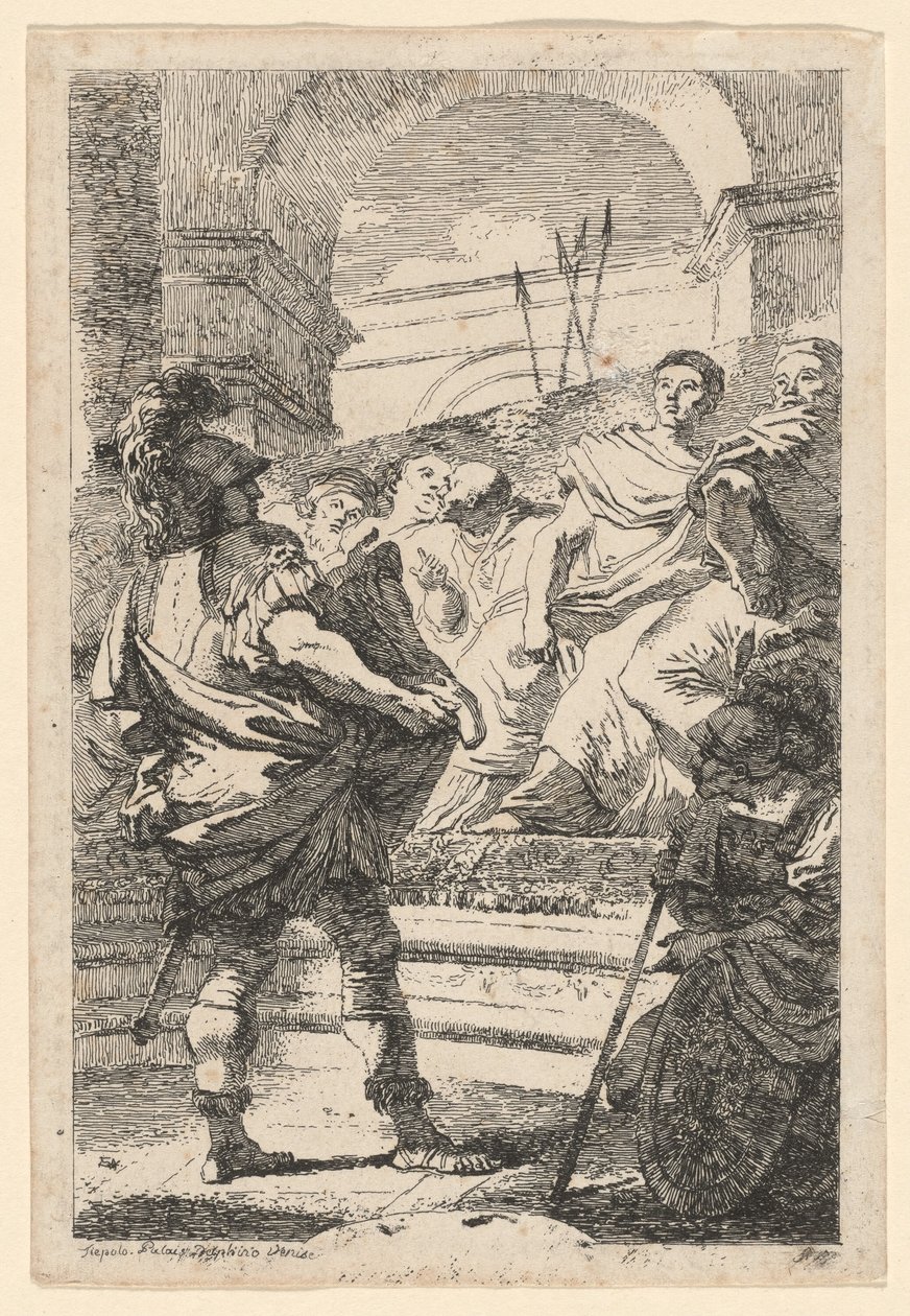 Mucius Scaevola door Jean Honoré Fragonard after Giovanni Battista Tiepolo