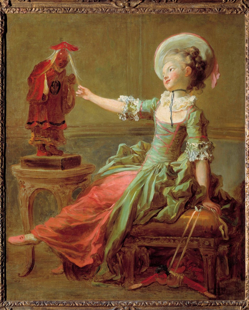 Een jong meisje amuseert zich met een Chinese beeld die haar haar trekt door Jean Honore Fragonard