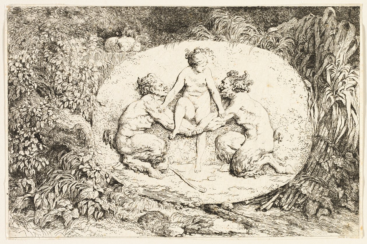 Nimf zittend op de handen van twee saters uit Bacchanales, of Saterspelen door Jean Honore Fragonard