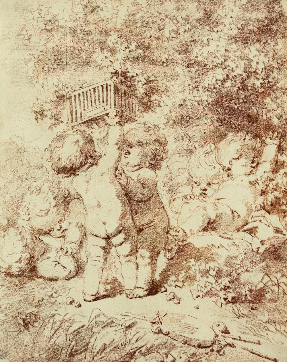 Zes spelende putti, twee houden een kooi omhoog door Jean Honore Fragonard