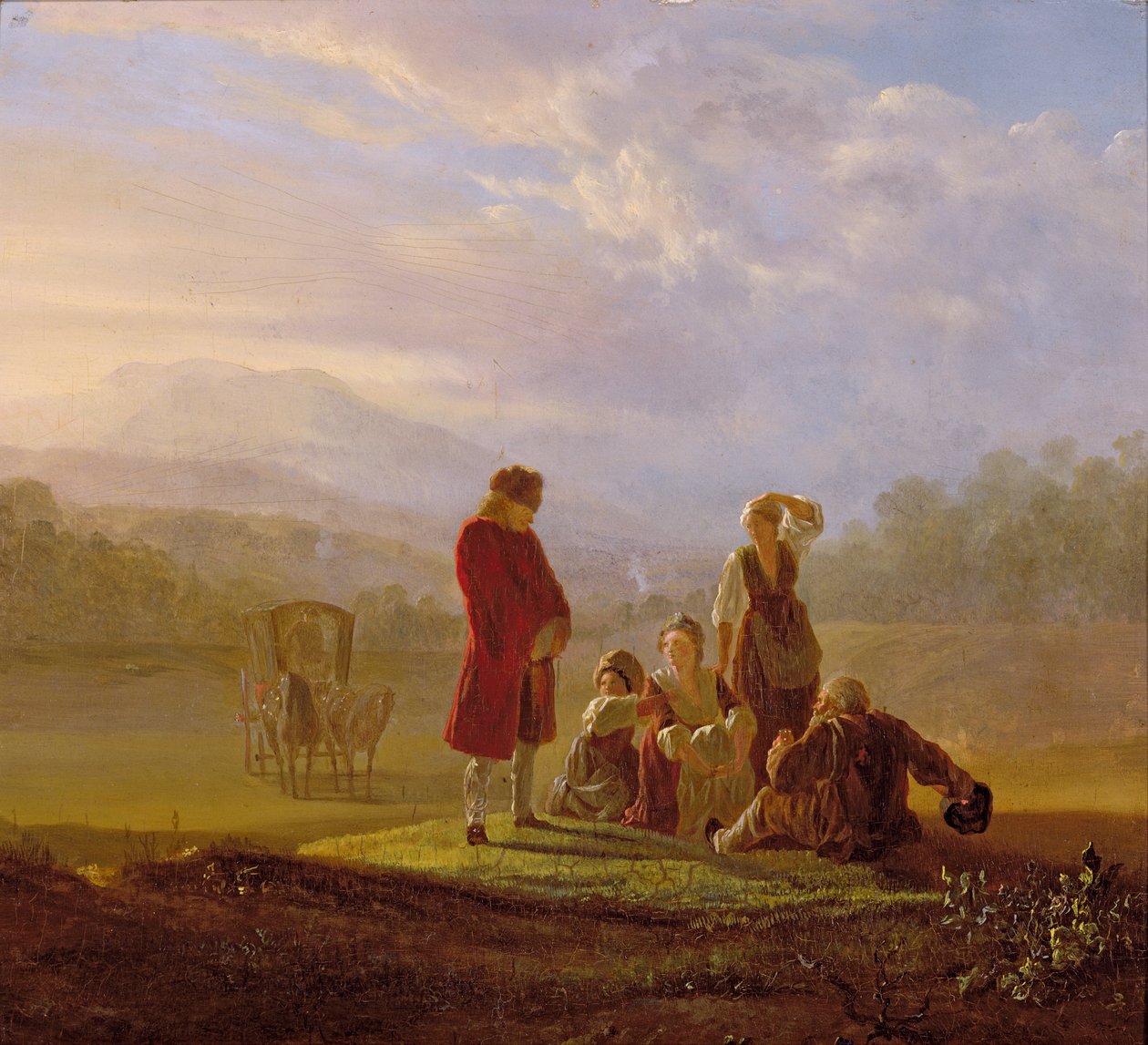 Voltaire in gesprek met de boeren in Ferney door Jean Huber