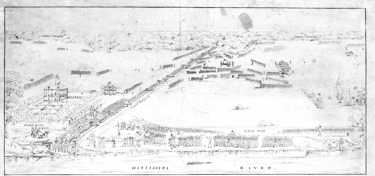 Uitzicht op de slag bij de plantage van Chalmette, 8 januari 1815 door Jean Hyacinthe Laclotte