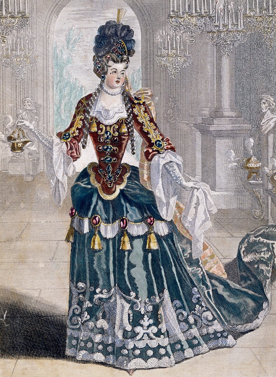 Portret van Mademoiselle Desmatins (1682-1708), musicus bij de Opera, gravure door Jean Berain door Jean I  Berain