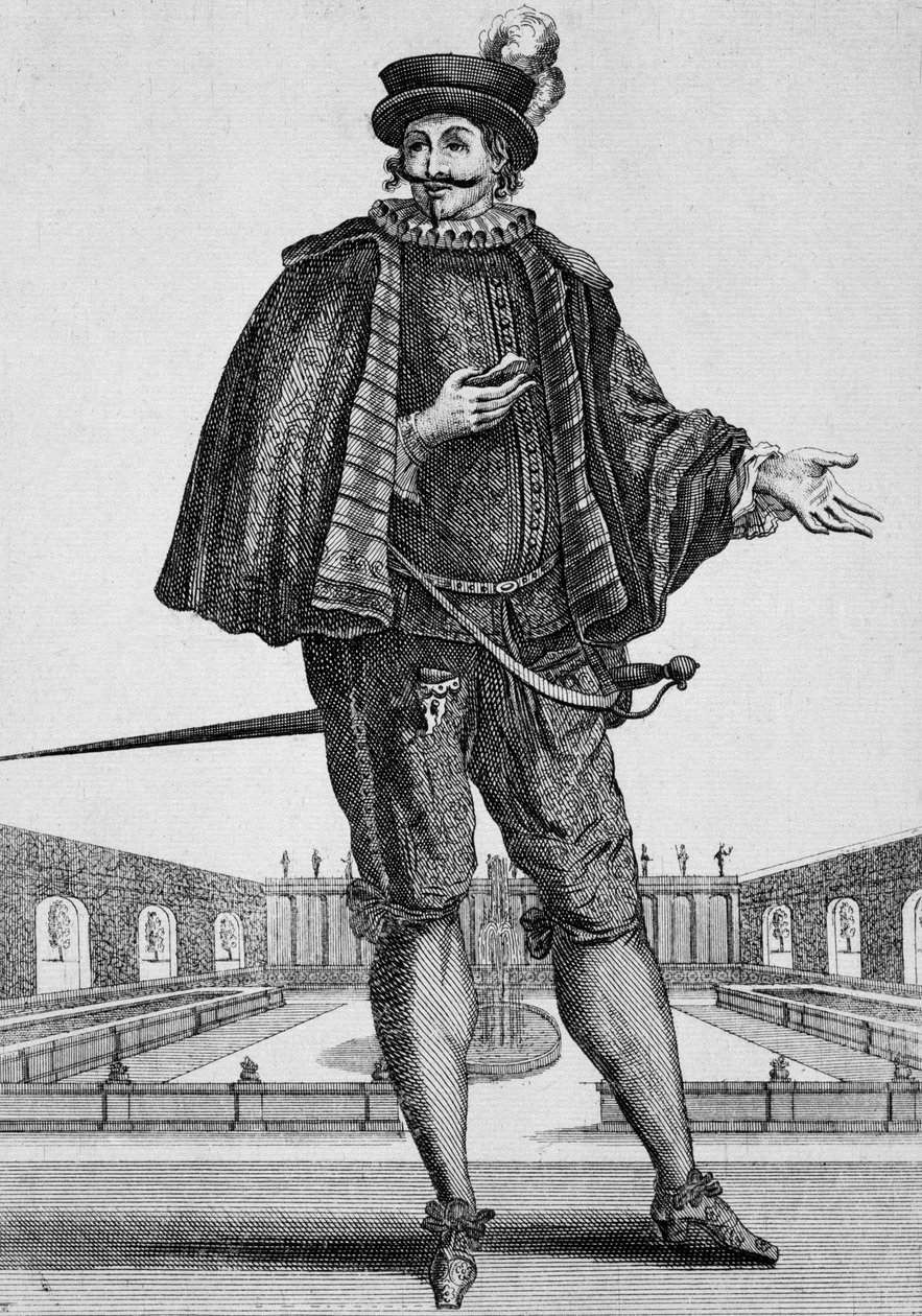 Capitan Spezzaferro, toneelkostuum, gravure door Jean Berain de Oudere, Frankrijk door Jean I  Berain