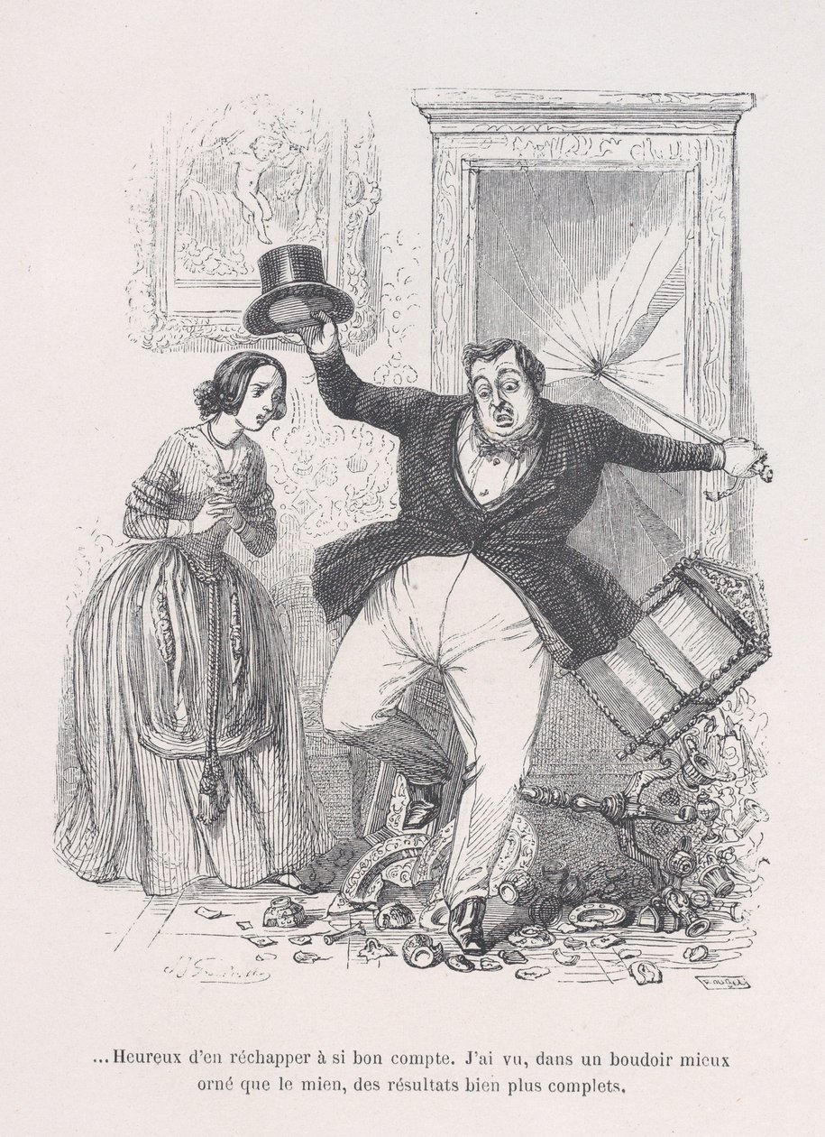 ...Blij om er zo goedkoop mee weg te komen. uit de Kleine Miseries van het Menselijk Leven, 1843 door Jean Ignace Isidore Gérard