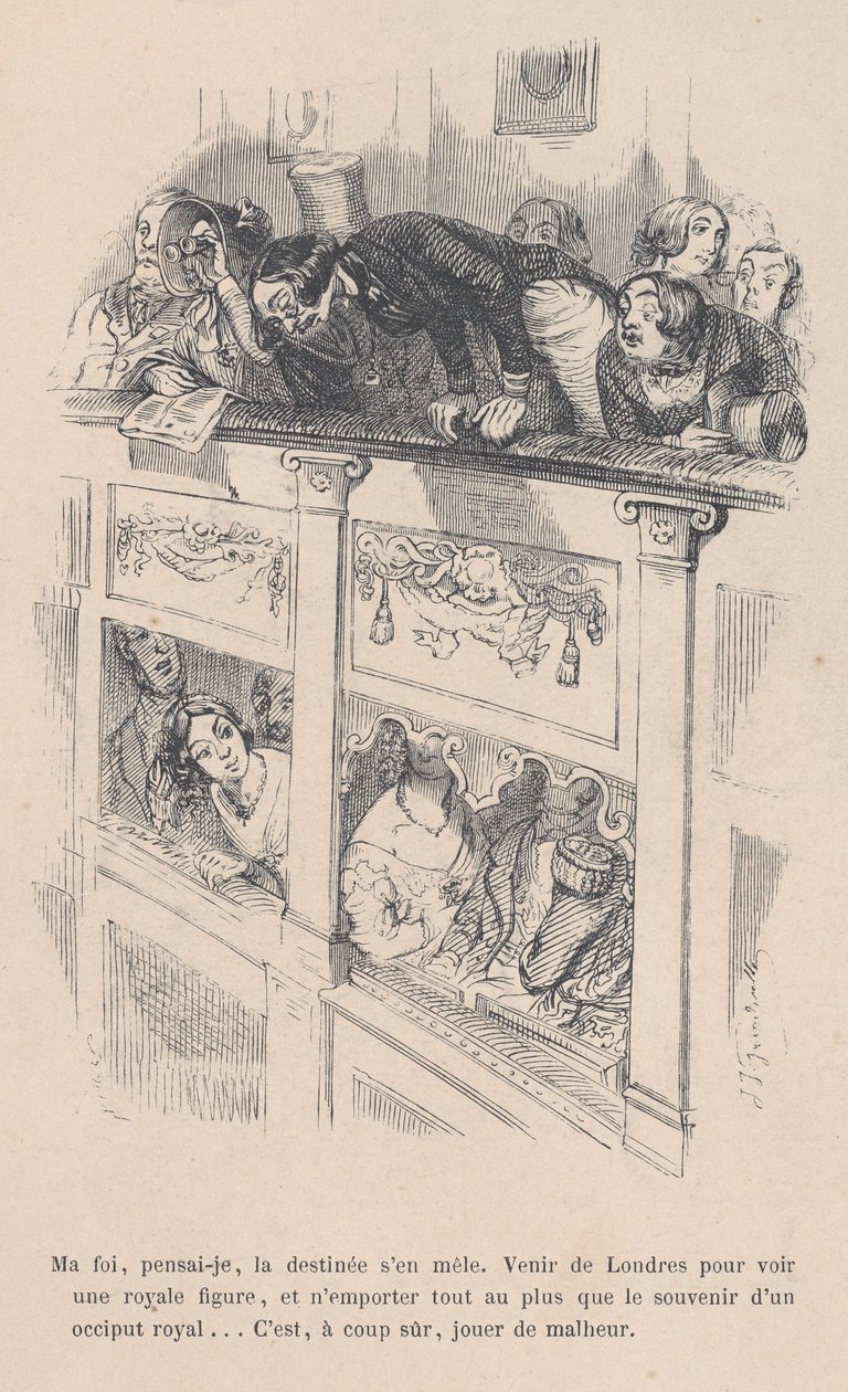 Ik was naar Londen gekomen om een koninklijke te zien, maar ik zag alleen de achterkant van iemands hoofd, 1843 door Jean Ignace Isidore Gérard