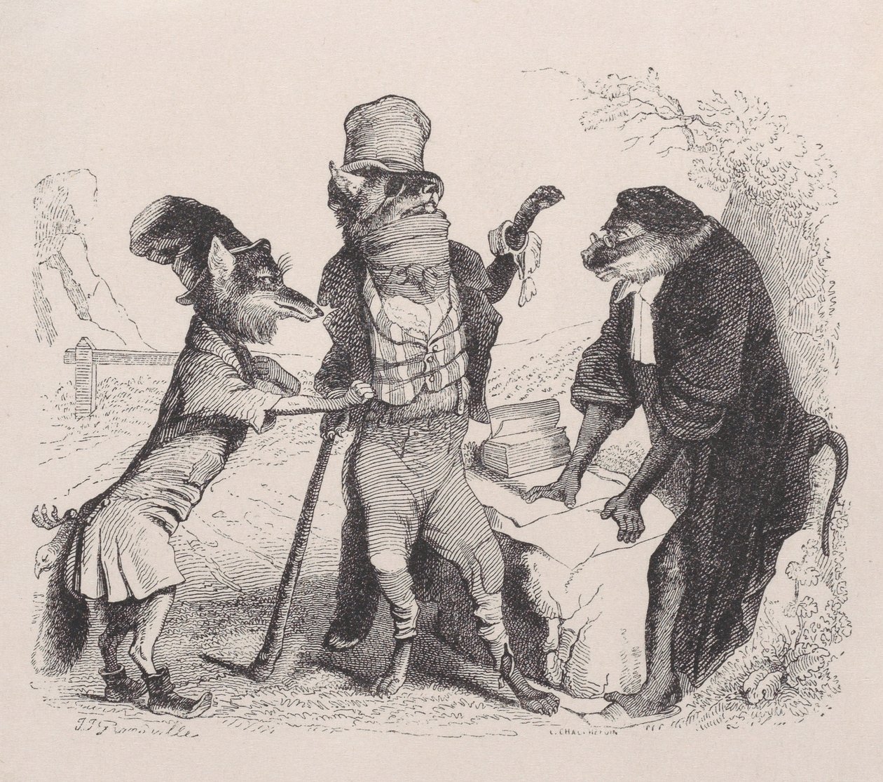 De wolf pleit tegen de vos, voor de aap door Jean Ignace Isidore Gérard