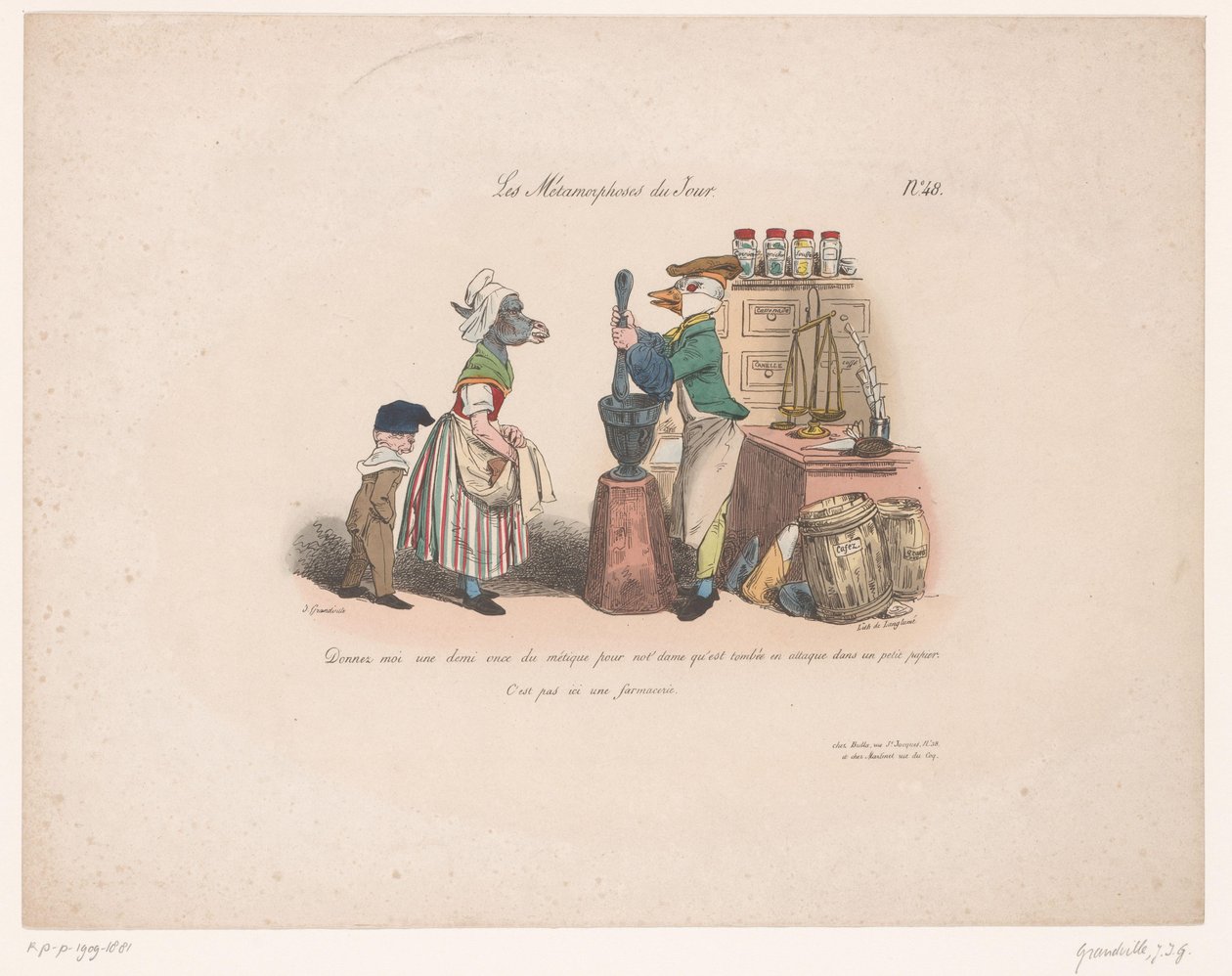 Ezelin bestelt bij eend in kruidenierswinkel door Jean Ignace Isidore Gérard Grandville