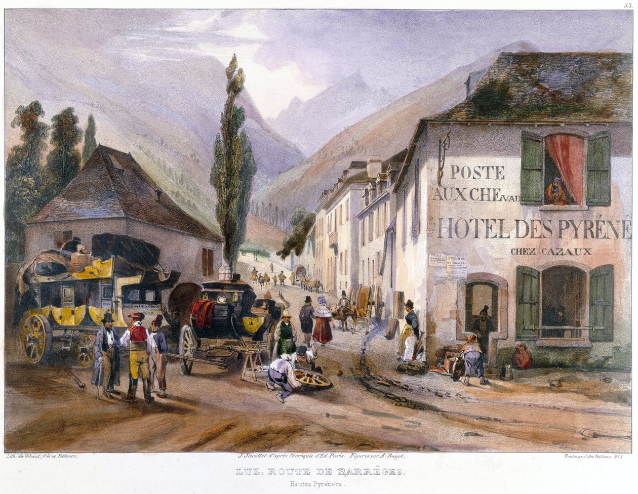 Aankomst en Reparatie van een Postkoets in Luz op de Weg naar Barreges, c.1840 door Jean Jacottet