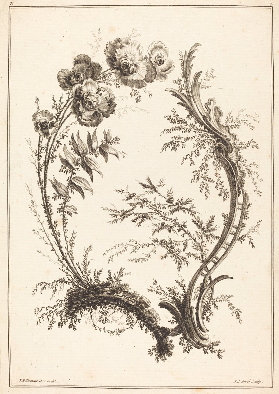Ornament met bloemen door Jean Jacques Avril I after Jean Baptiste Pillement