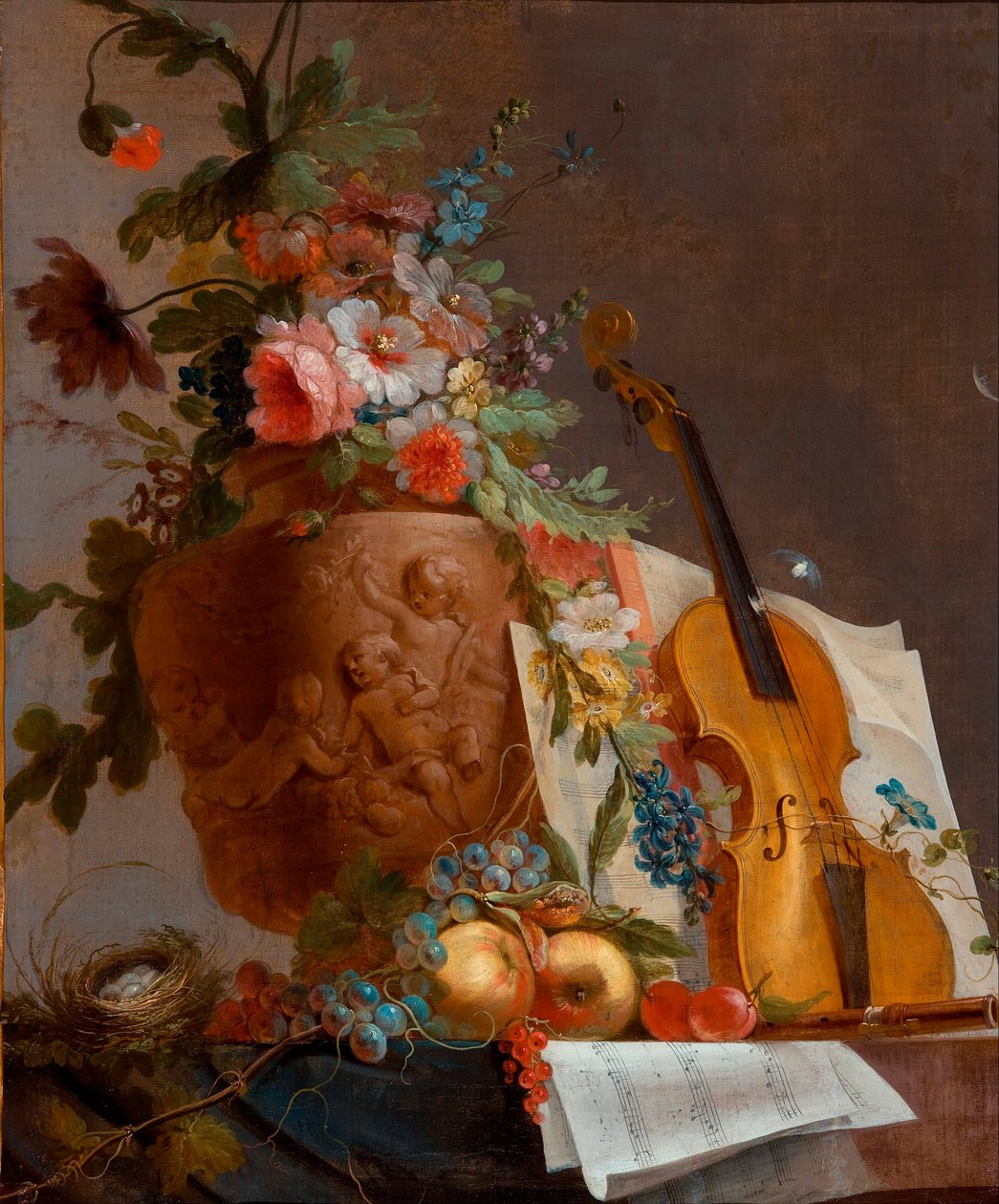 Stilleven met bloemen en een viool door Jean Jacques Bachelier