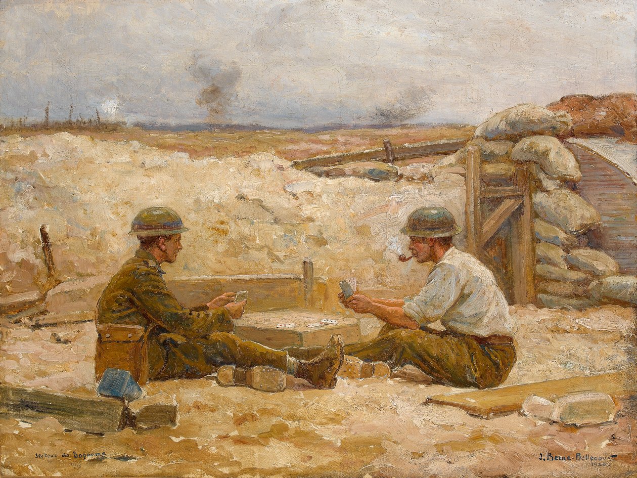 Twee Britse officieren die kaarten spelen buiten hun schuilplaats, Secteur de Bapaume, 1918-20 door Jean Jacques Berne-Bellecour
