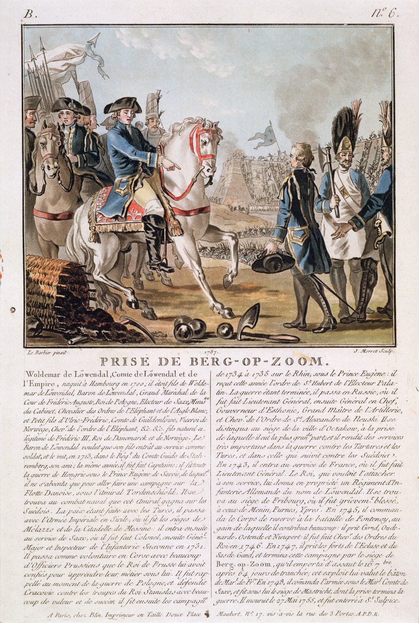 De Inname van Berg-op-Zoom, Nederland, 1747, gegraveerd door Jean Baptiste Morret, 1787 door Jean Jacques Francois Le Barbier