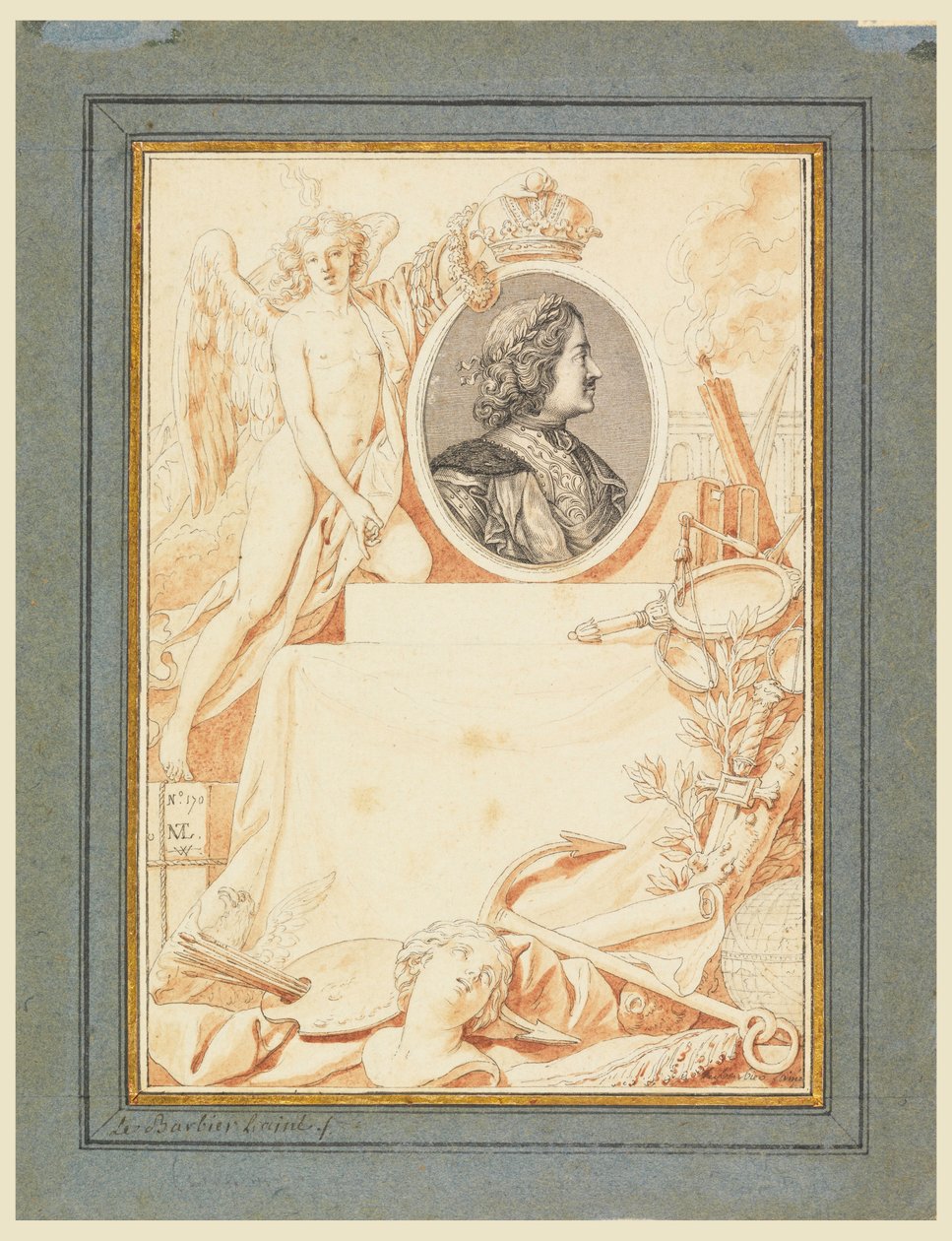 Tekening, Frontispice voor een Geschiedenis van Peter de Grote, ca. 1780 door Jean Jacques Francois Le Barbier