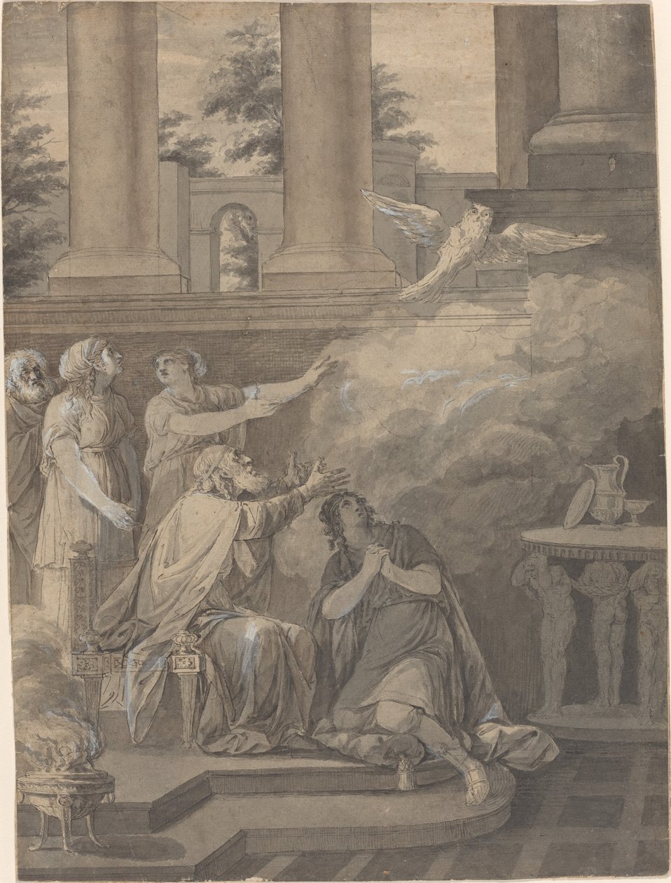 Pallas Athene in de vorm van een vogel verlaat Nestor en Telemachus door Jean Jacques François Le Barbier I