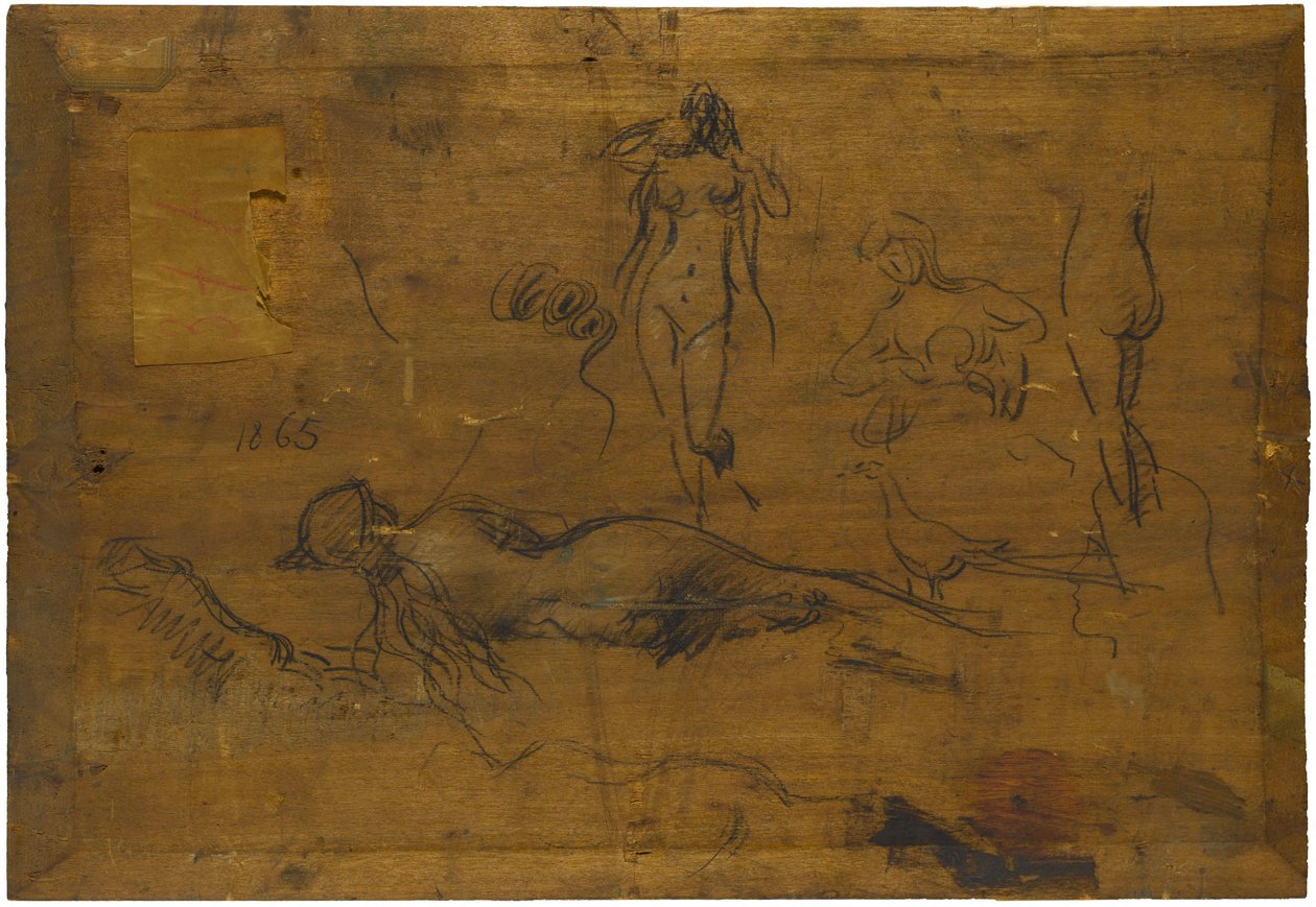Meisje met blauwe lint (recto) / Vijf naaktstudies, een pauw en een hoofd in profiel (verso) door Jean Jacques Henner
