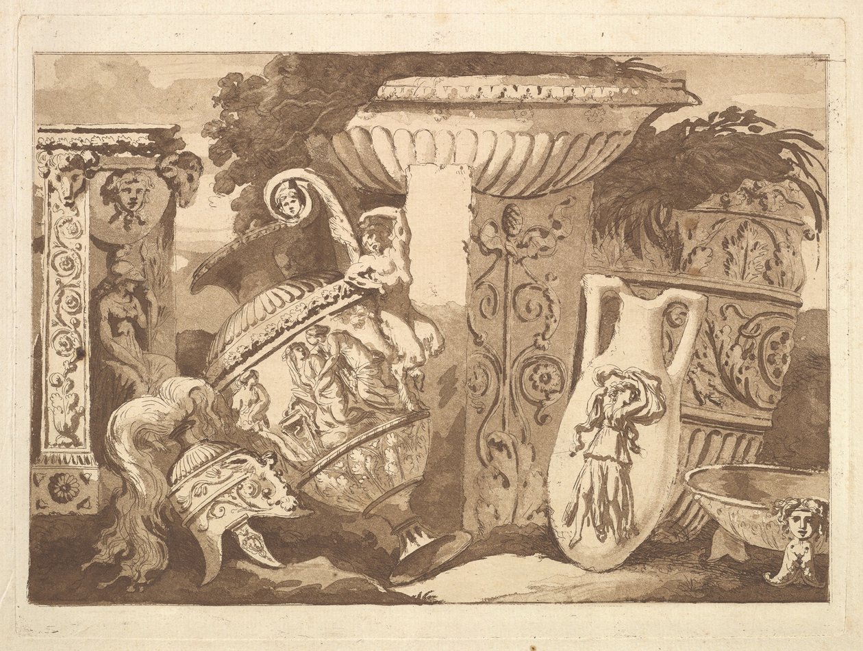 Compositie met antieke fragmenten en een leunende vaas, uit Recueil de Compositions..., 1782-84 door Jean Jacques Lagrenee