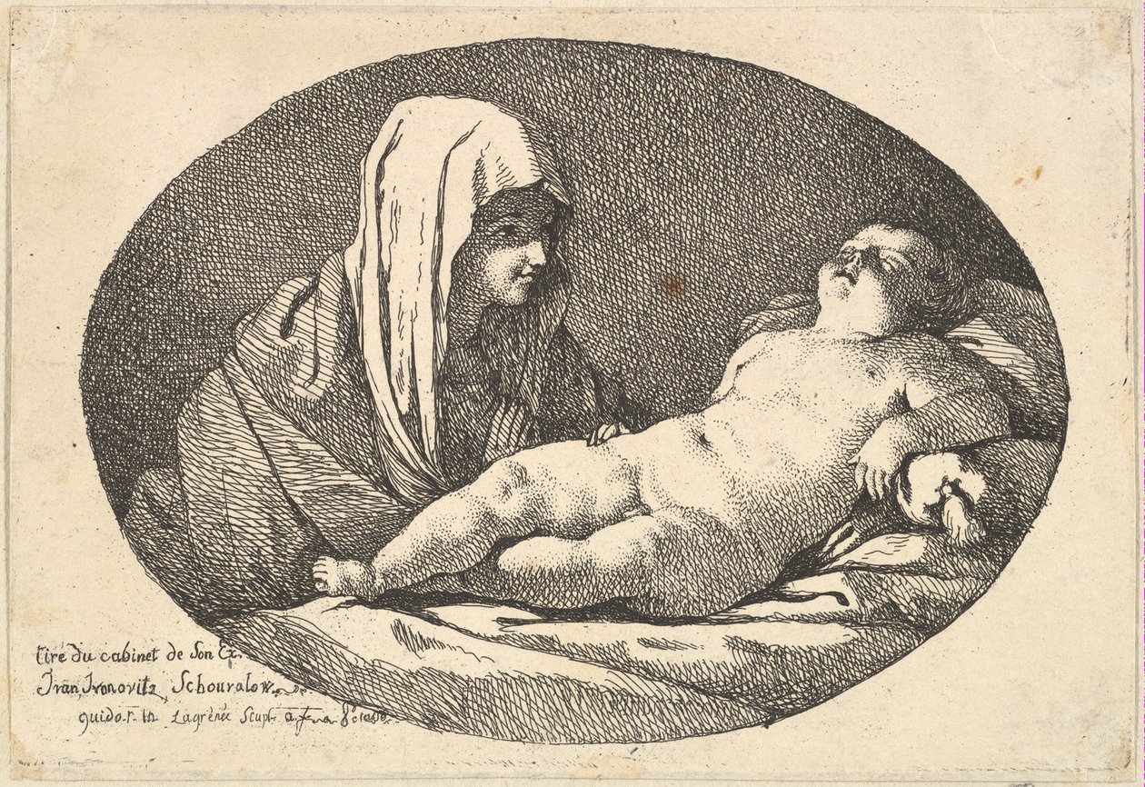 De Maagd links kijkt naar het slapende kind Jezus, een ovale compositie door Jean Jacques Lagrenee