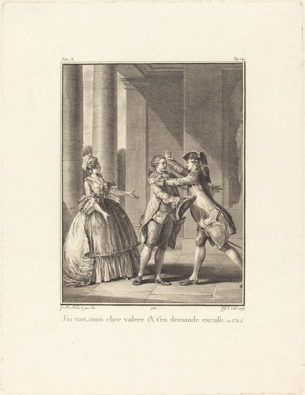Ik heb ongelijk, mijn beste Valère, en vraag je om vergeving door Jean Jacques Le Veau after Jean Michel Moreau