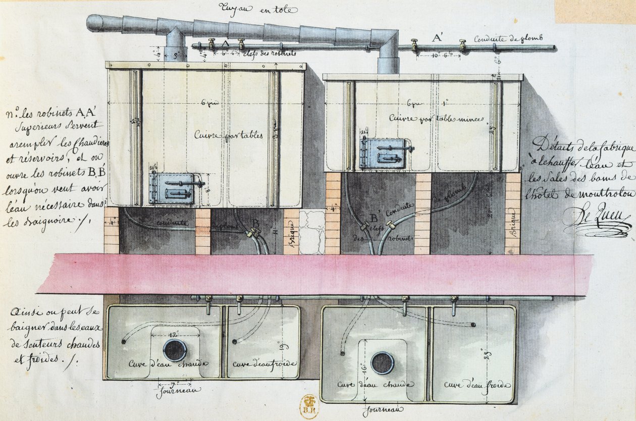 Ontwerp voor een systeem voor het verwarmen van water in het Hotel de Montholon in Parijs, c.1787 door Jean Jacques Lequeu