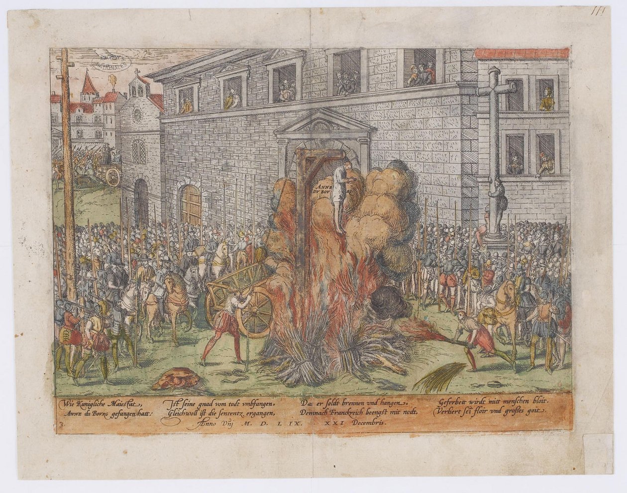 De executie van Anne du Bourg op 23 december 1559, 1568 door Jean Jacques Perrissin