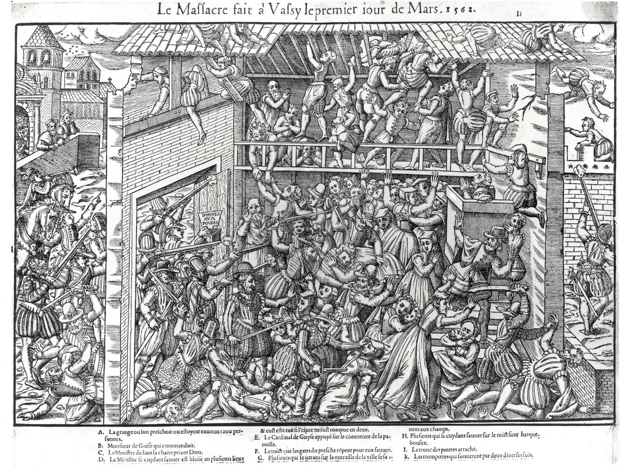 Het bloedbad onder de protestantse bevolking door de troepen van de hertog van Guise in Wassy-sur-Blaise, 1 maart 1562, gegraveerd door Jacques Tortorel (1568-92) door Jean Jacques Perrissin