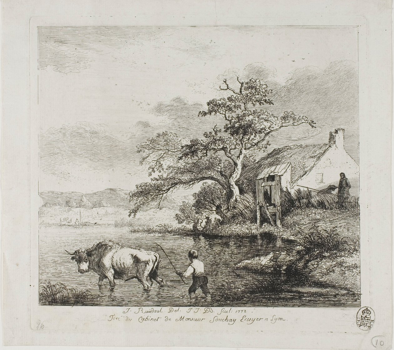 Een herder en stier steken een rivier over door Jean Jacques de Boissieu